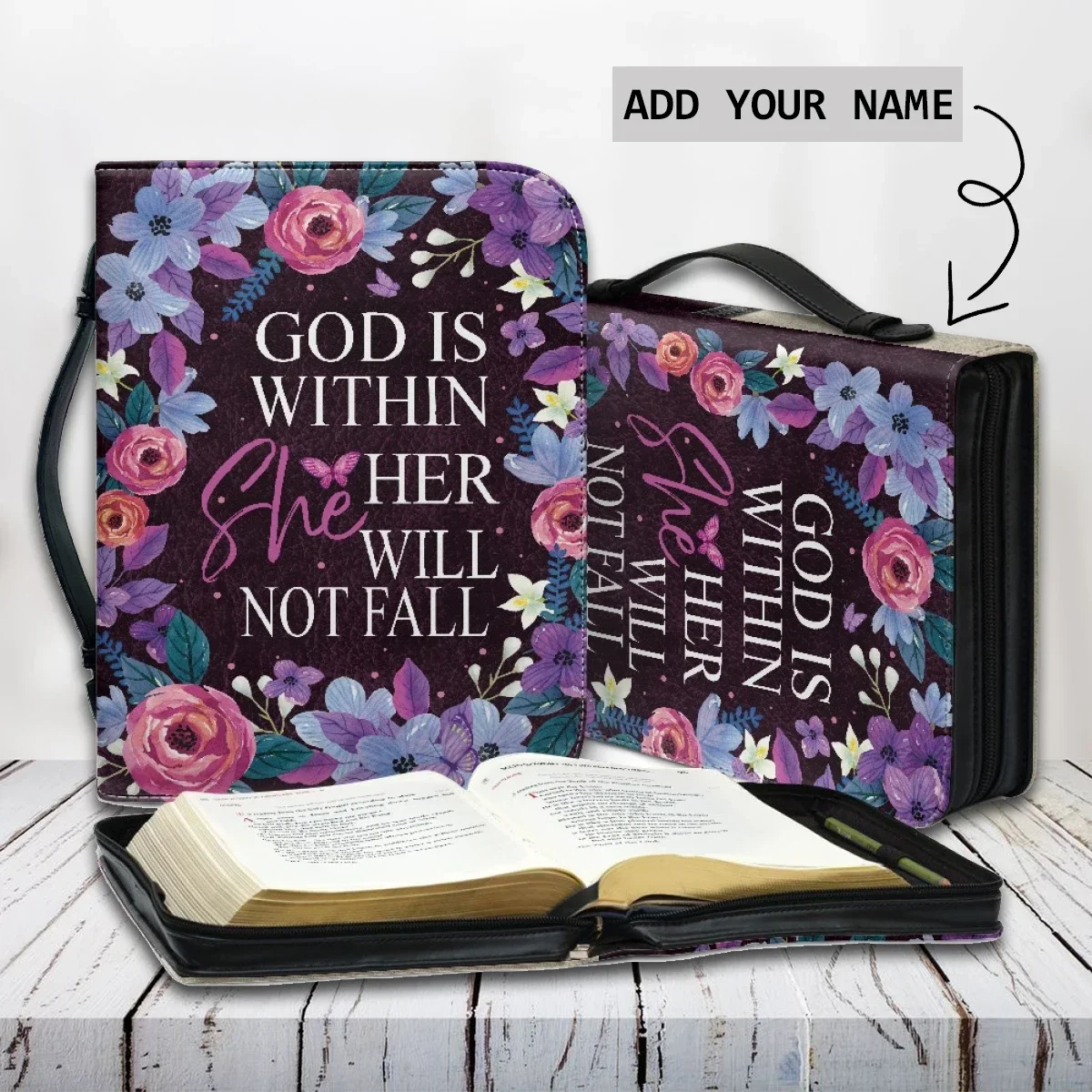 

Women's Bible Bag Customized Handle Handbags God is Within She Her Will Not Fall Floral Love Purple Print Leather Bible Covers