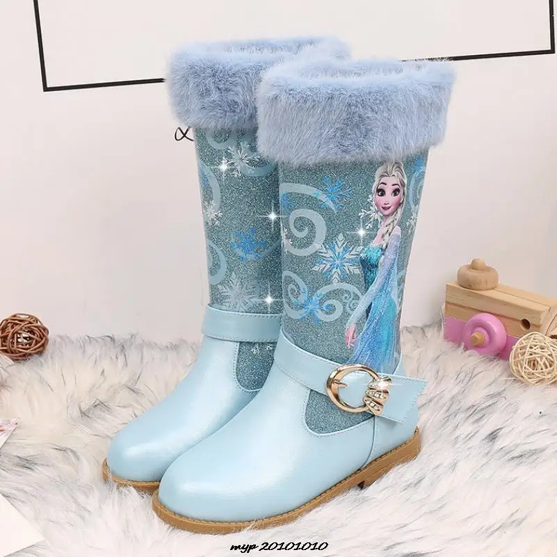 Disney Elsa Princess Long Boots Girls High-heeled Autumn And Winter Warm Boots Children Sequins Snow Shoes Frozen Boots Gift