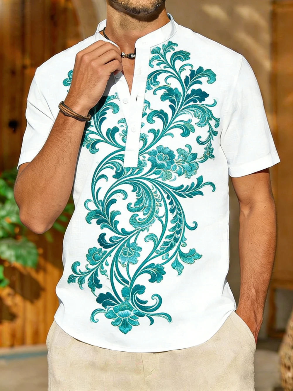 

Men's new summer short-sleeved linen shirt ethnic style pattern print shirt men outdoor casual designer clothes fast shipping