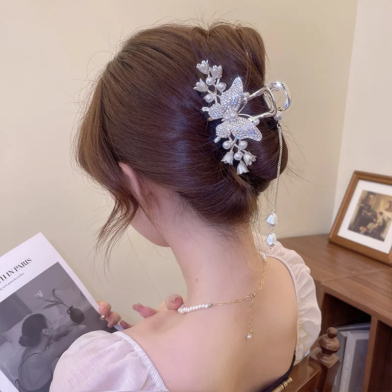 Korea Elegant Lily of The Orchid Flower Grab Clip Retro Women\'s Pearl Fringe Ponytail Claw Clip Girl Hair Decorative Headwear