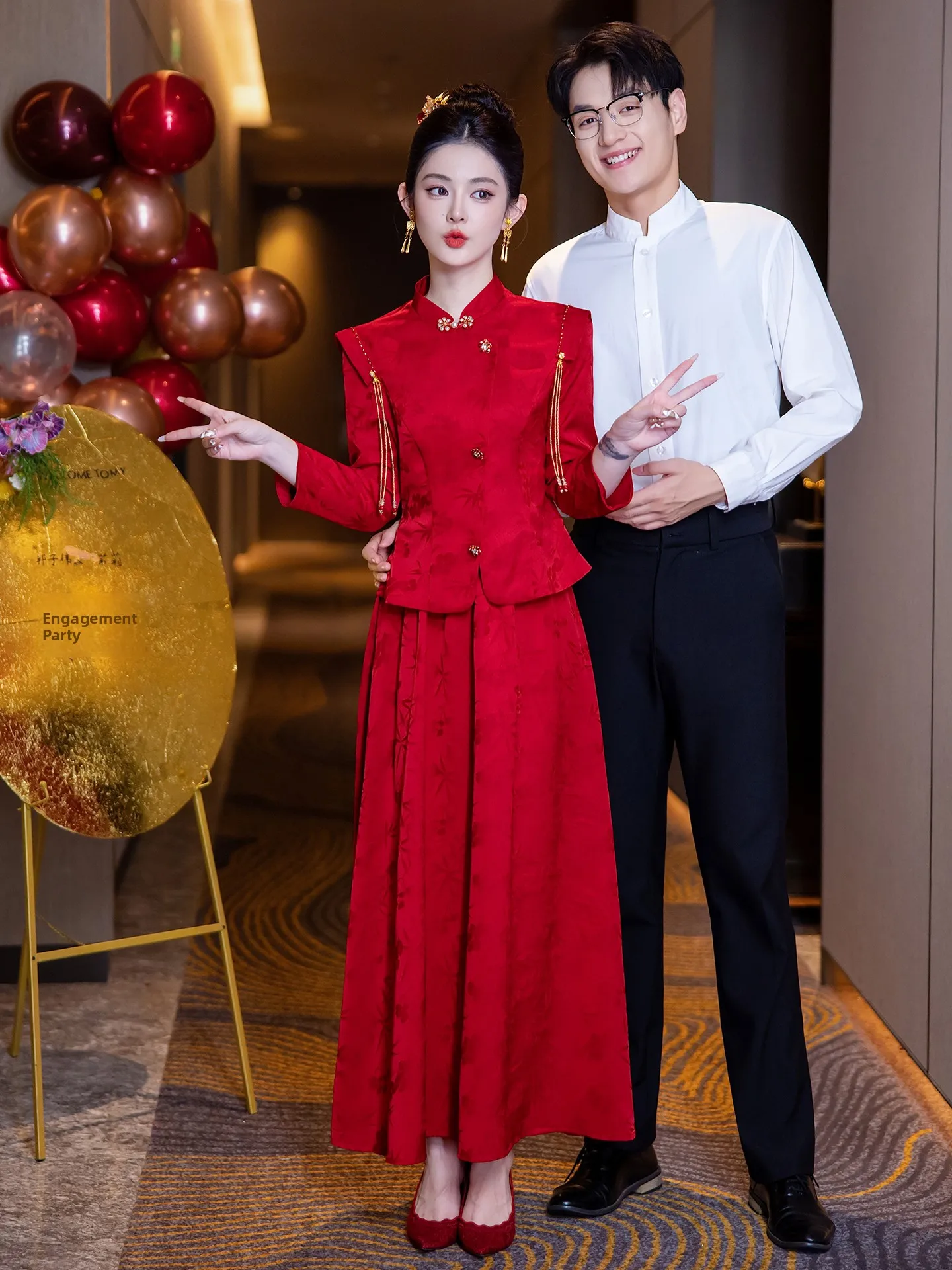 

Red New Chinese Sle Wedding Dr Two-Piece Set Long Sve Long Dr Warmth for Women Return Home Casual Wear