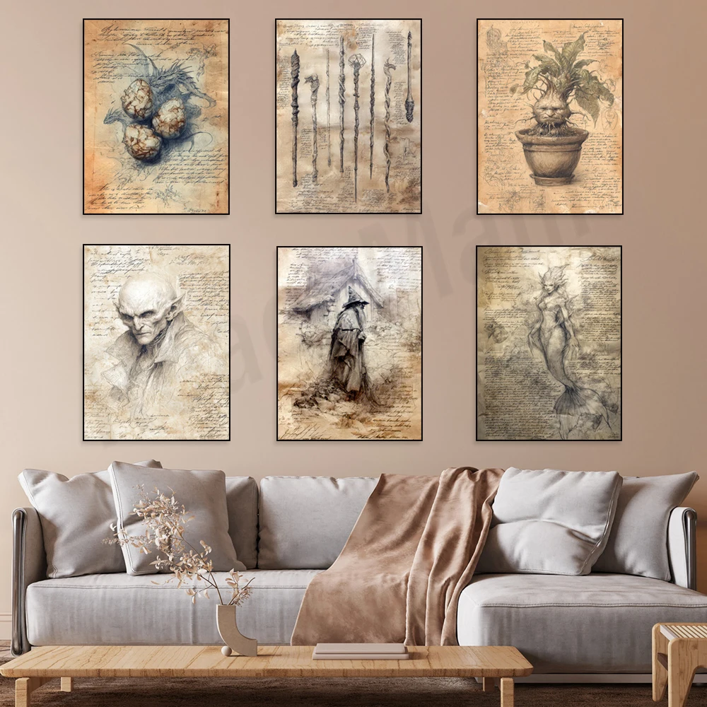 صفحات كتاب تعويذة الساحرة، مخلوقات سحرية، عصا ساحرة، يد زومبي، ساحرة، صفحات كتب سحرية عتيقة للهالوين ملصق أكاديمي داكن