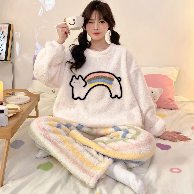2024 Winter Long Sleeve Thick Warm Flannel Pajama Sets for Women Cute Cartoon Coral Velvet Sleepwear Suit Homewear Home Clothes image 5