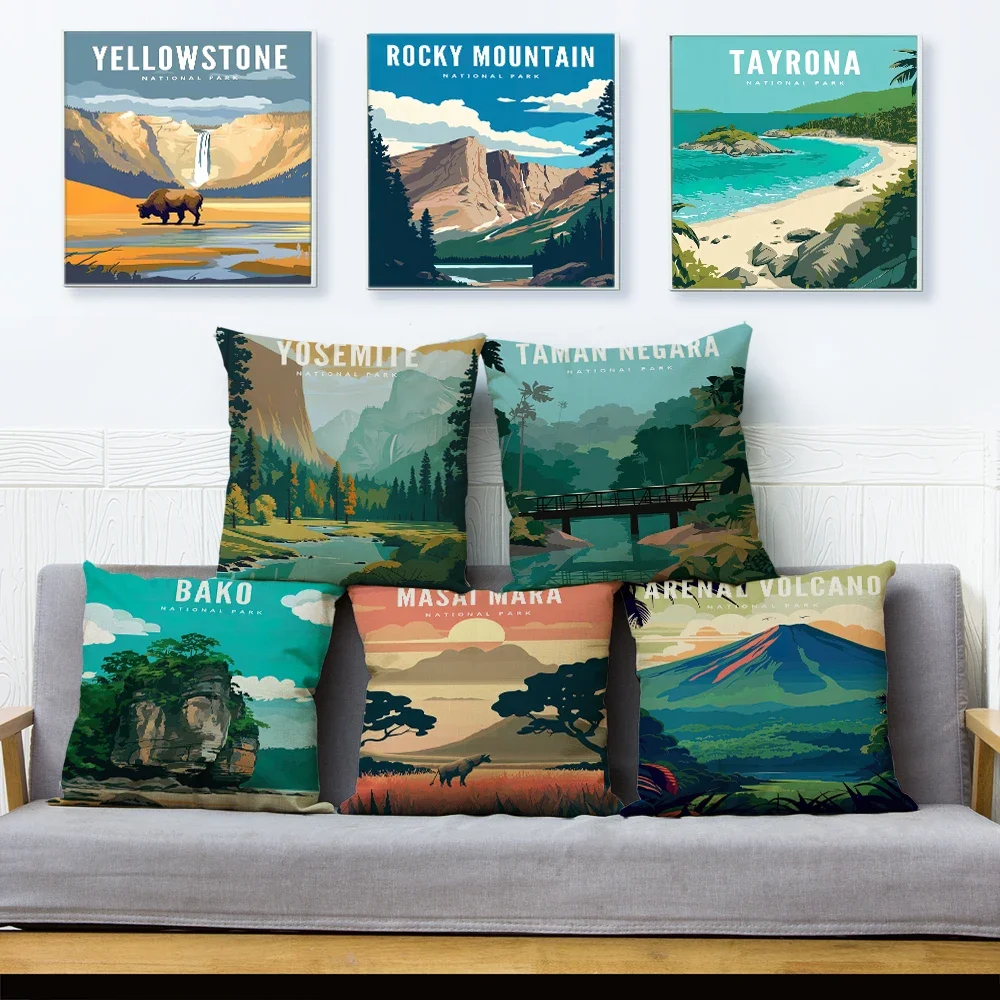 Travel City Pillow Case Decor Beautiful Scenic National Park Double Printed Cushion Cover Linen Pillowcase for Sofa Home Car