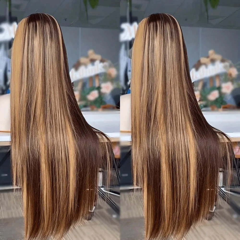 

Highlight Wigs Human Hair Straight Honey Blonde Pre Plucked 13x6 HD Lace Ombre Wig Front Wig Human Hair 220% P4/27 Wig for Women