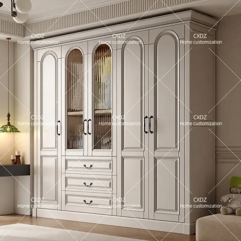 American Retro Solid Wood Wardrobe 3 4 5 6 Door Bedroom Storage Cabinet Rural Pastoral Light Luxury Glass Door White Large