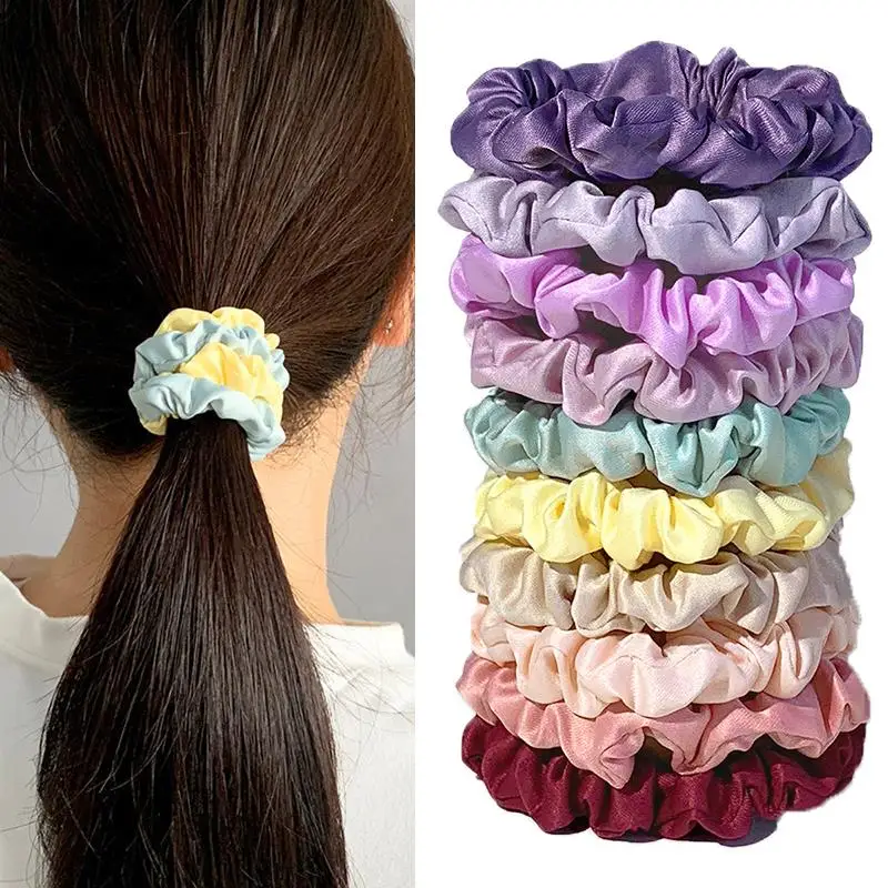 10PCs/Pack Women Colorful Satin Silk Scrunchies Elastic Hair Bands Solid Color Hair Ties Ponytail Holder Hair Accessories