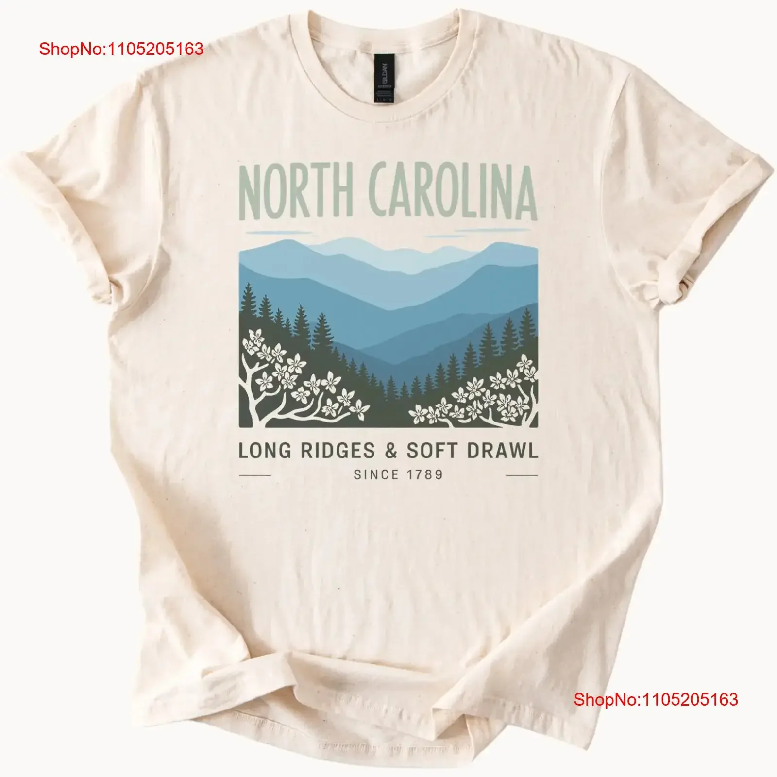 تي شيرت نورث كارولينا، جبال ريدج الزرقاء، المناظر الطبيعية الخلابة، طويل عتيق، مغسول، مريح، جرافيك قليلاً، قابل للتنفس #1