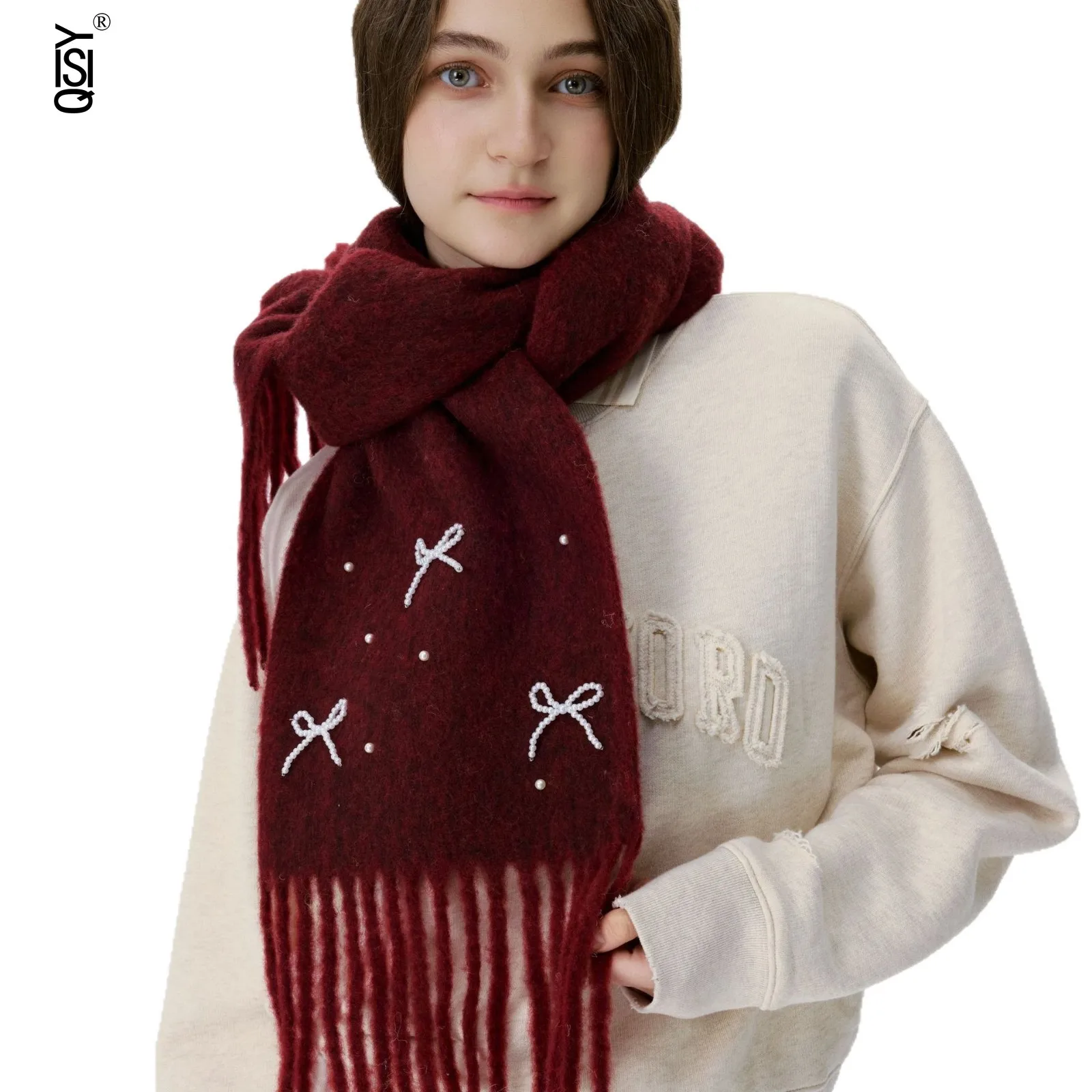 وشاح من الصوف ذو اللون الصلب المطرز على شكل فيونكة كلاسيكية، وشاح ورقبة شتوي دافئ للنساء