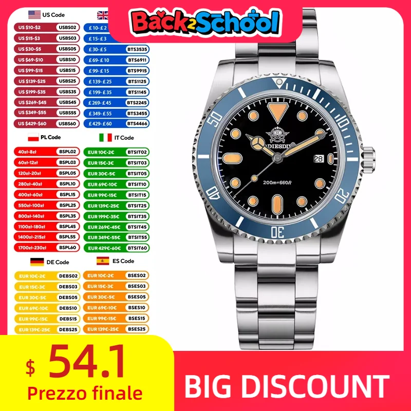ADDIESDIVE New Luxury Men's Watch 200m Retro C3 Super Luminous Bubble Mirror Glass Ceramic Bezel Japan 2115 Quartz Watch For Men