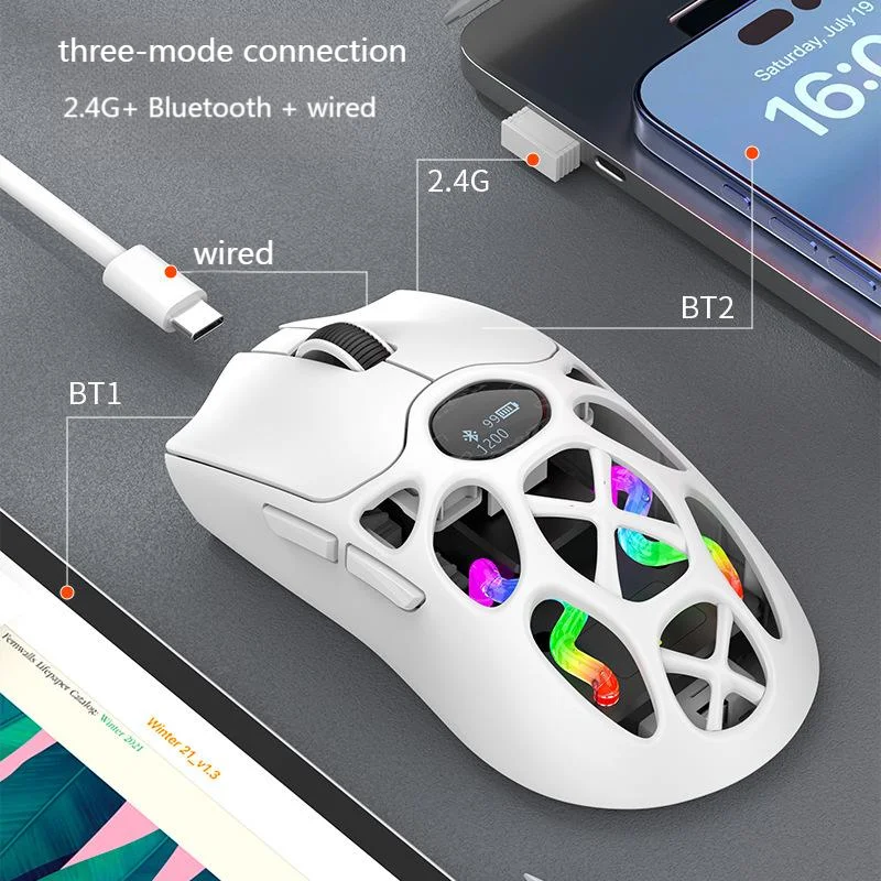 

Беспроводная игровая мышь 2,4G Bluetooth Проводная трехрежимная RGB подсветка Светодиодный цифровой дисплей 12000 точек на дюйм Перезаряжаемая полая мышь
