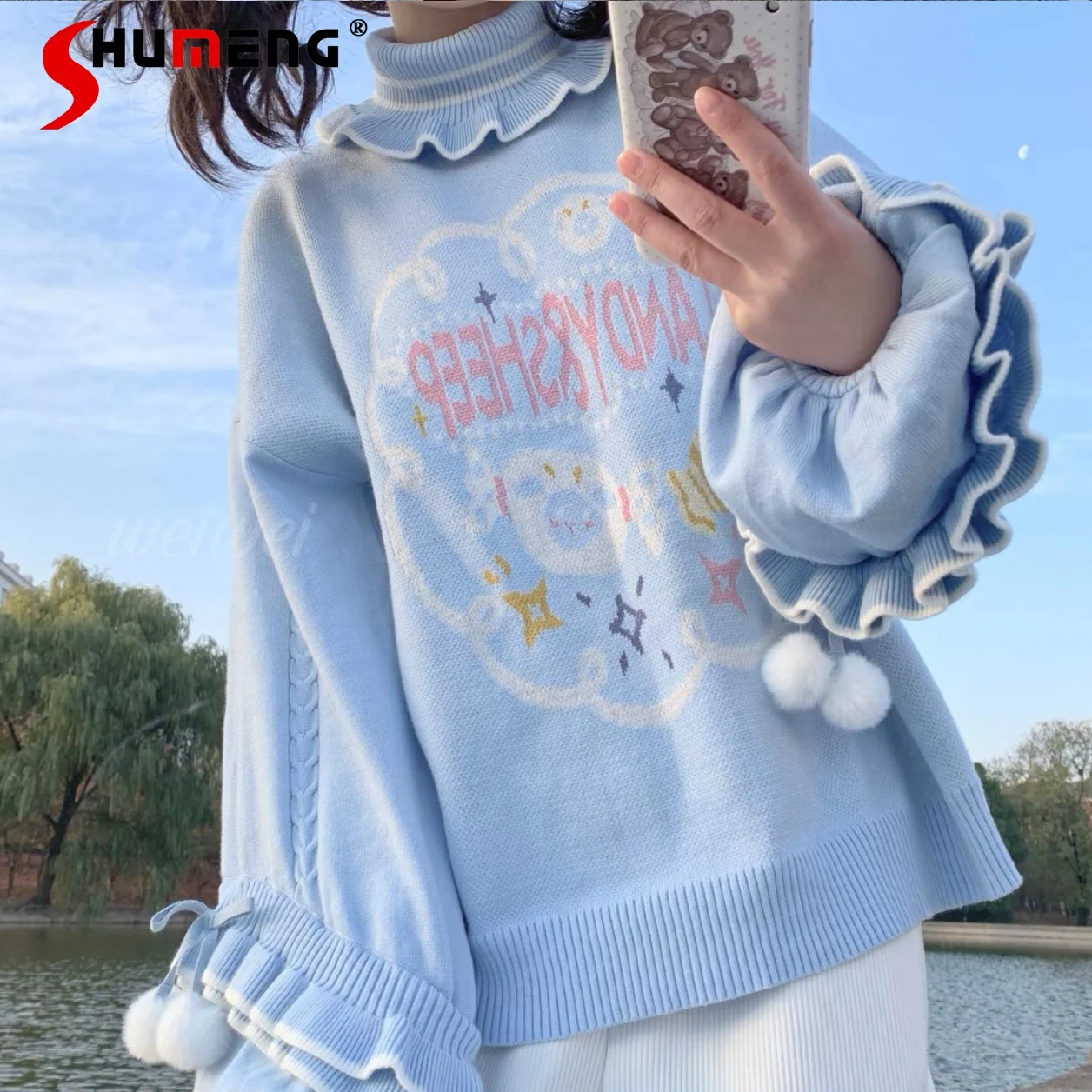 

Original Japanese Sweet Cute High Neck Lantern Long Sleeve Loose Versatile Kawaii Lolita Knitted Pullover Sweater Women Autumn