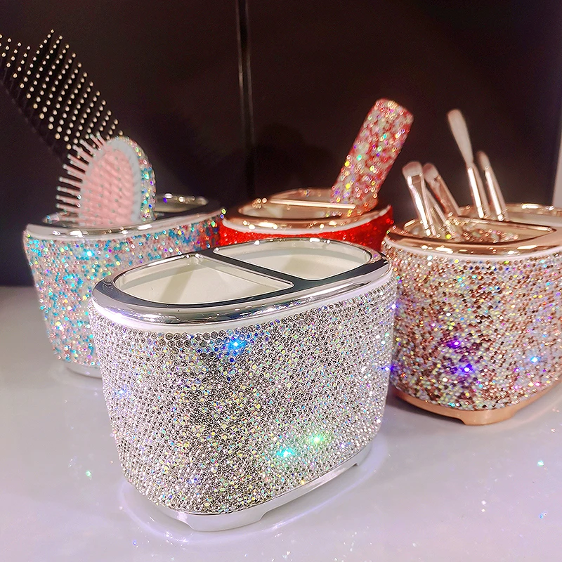 Diamond Makeup Brush Storage Bucket Handmade Rhinestones Lipstick Eyebrow Pencil Organizer Luxury Jewelry Box Table Top Shelf