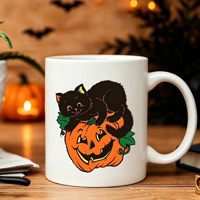 1pc 11oz Vintage Halloween Black Cat Pumpkin Mug, Fall Mug, Cat Mom Gift, Spooky Cute, Fall Coffee Bar Decor,Reusable Coffee Cups,Perfect Birthday and Holiday Gift for Family,Christmas Gift,New Year Gift,Thanksgiving Gifts,Party,Back to School