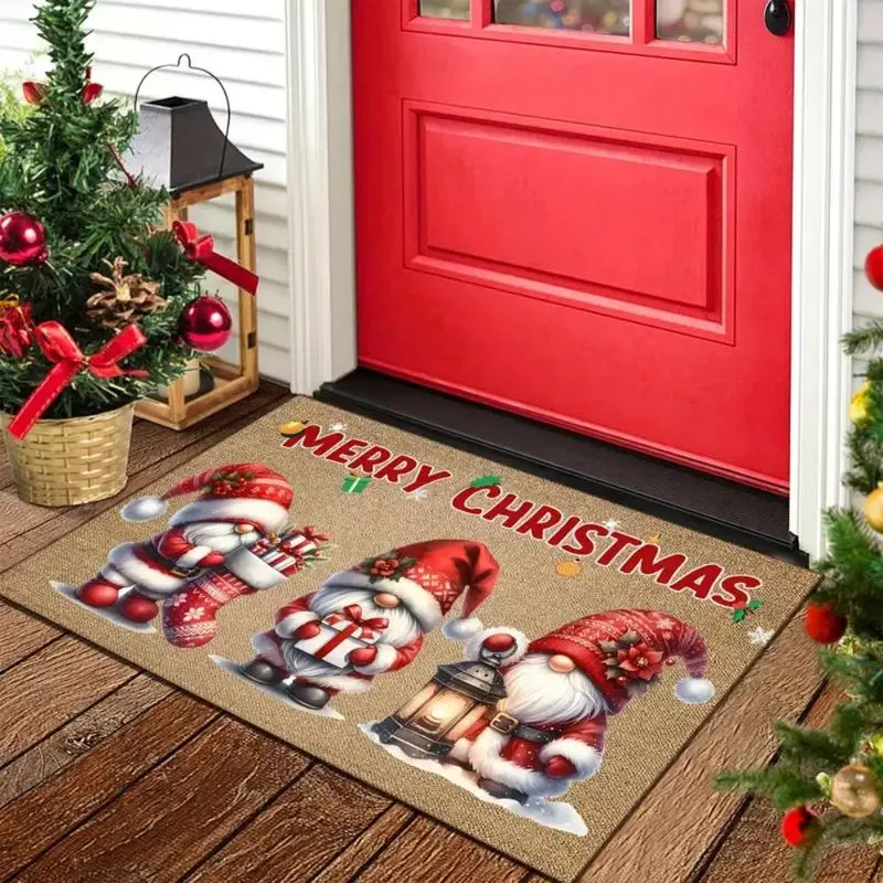 VIKAMA Christmas Crystal Velvet Door Mat Three Gnomes Gift Lantern Print Non Slip Mat For Front Door Porch Entry Decor