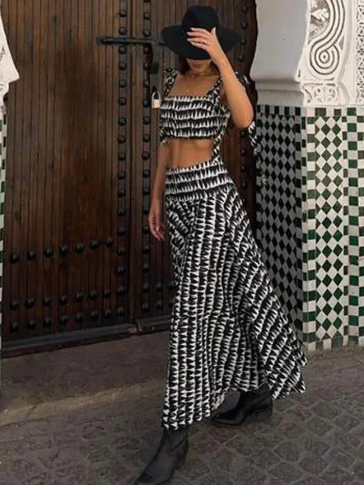 ZBZA Women's Printed Skirts Set Bow Tie Straps Straight Neck Backless Tops Low Waist Hidden Zip Skirt Summer New Female Chic Set