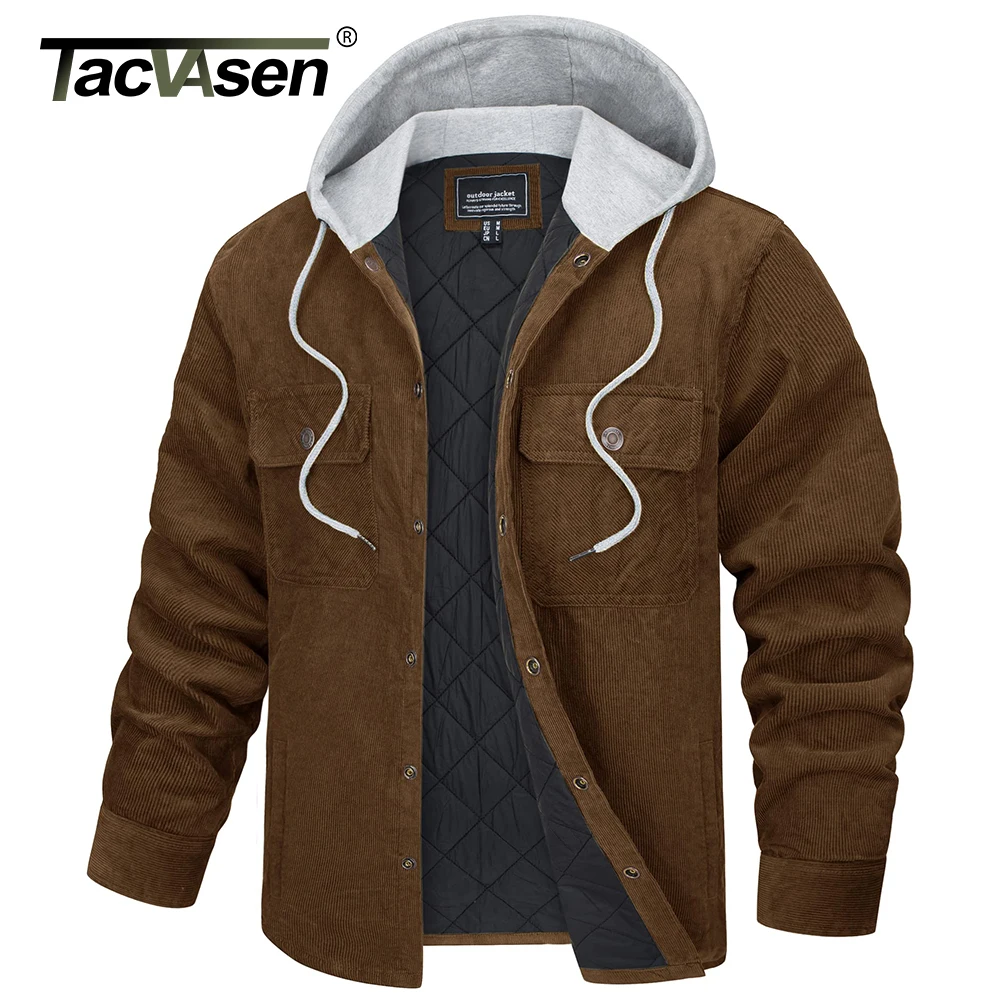 TACVASEN Hooded Corduroy Jacket Mens Quilted Lined Padded Casual Shacket Winter Thermal Warm Work Casual Jackets