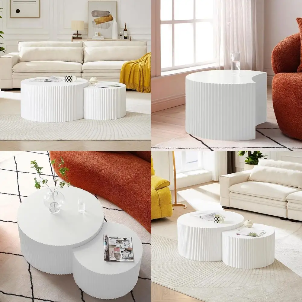 

Modern White Round Coffee and End Table Set, Perfect for Living Room with Wooden Drum Style Side Tables