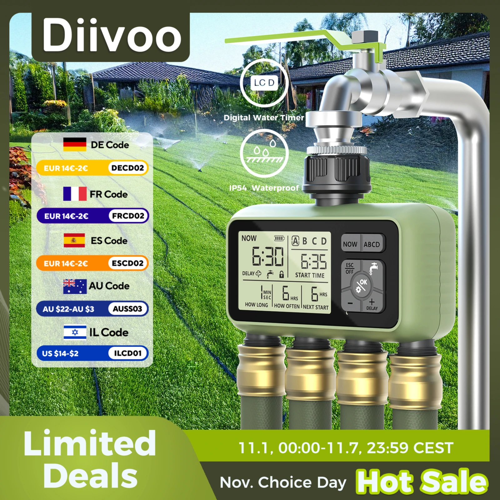 

Diivoo Garden Water Timer 4 Zone Programmable Automatic Irrigation Timer with Rain Delay Manual/Auto Mode Watering for Lawn Yard