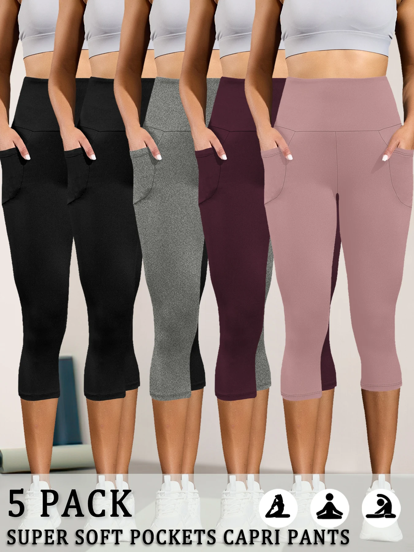 

5 Pack High Waisted capri pants For Women With Pockets Super Soft No See Through Workout Running Yoga Push Up Gym Leggings