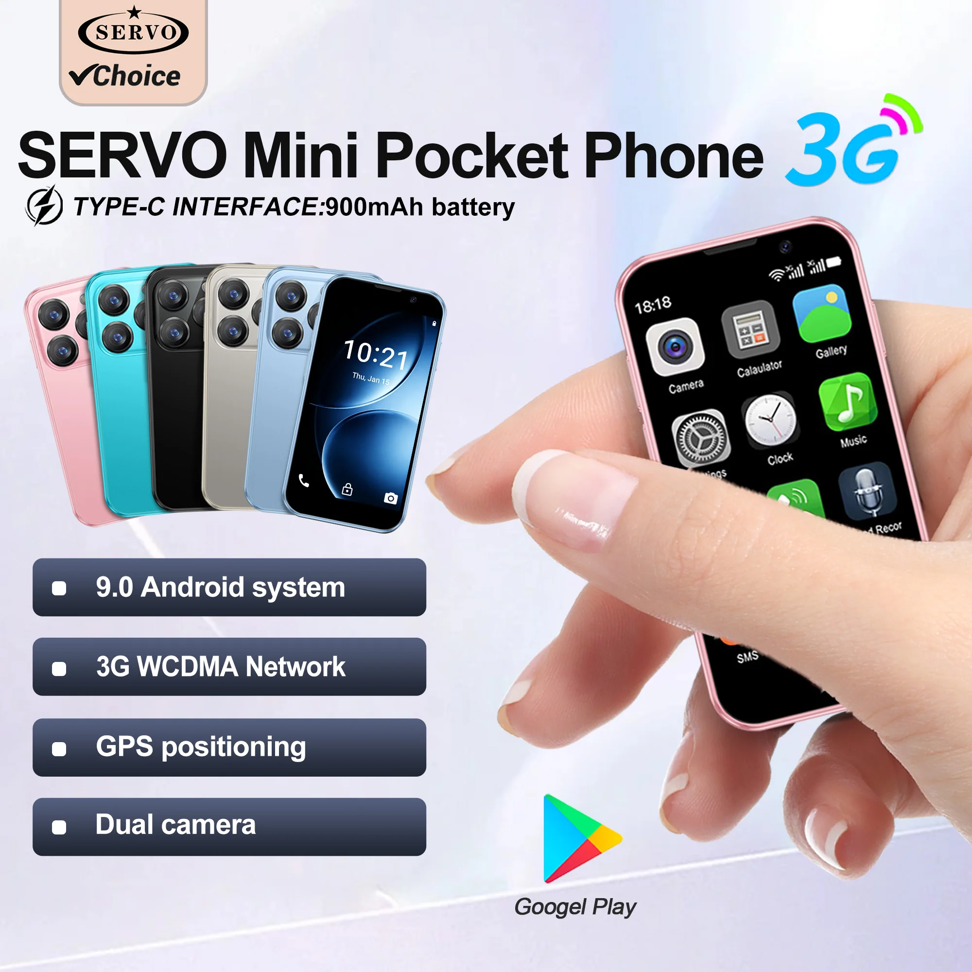 SERVO Android Mini Smartphone 3inch Fullview Display 3G WCDMA Dual SIM 2+16GB Face Unlock Palm Tiny Mobile Phones GPS Play Store