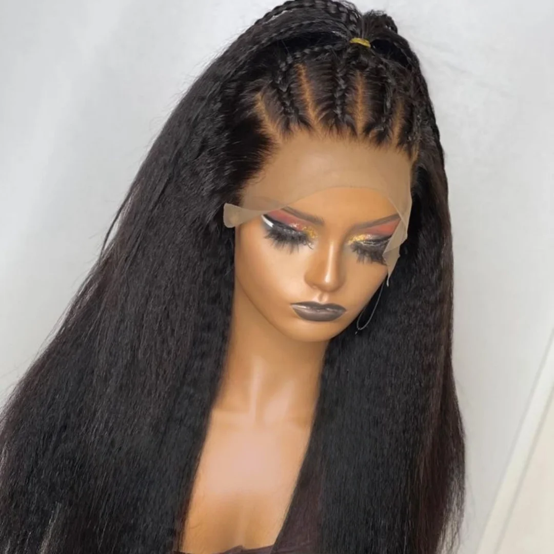 

Glueless Long Soft Yaki Natural Black 26Inch Kinky Straight 13x4 Lace Front Wig For Women Baby Hair Synthetic Preplucked Daily