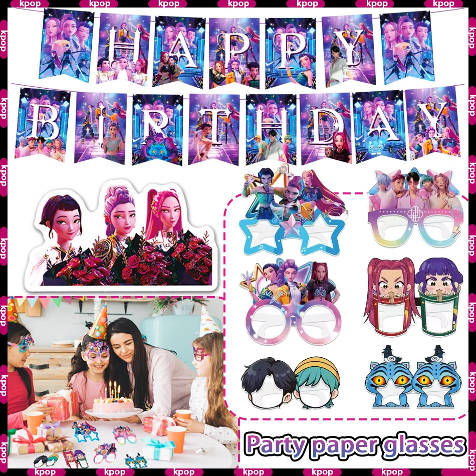 

Kpop Demon Hunters-Juego de cubiertos desechables para fiesta, vajilla, globo, bandera, Picnic, suministros para fiesta de cumpl