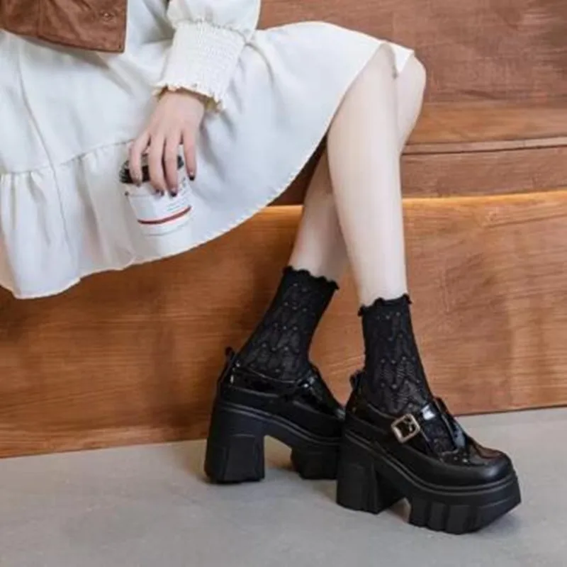 NEW Patent Genuine Leather Breathable Buckle Platform Autumn Pumps Summer Ankle Boots 10cm Chunky Heels Mary Jane Spring Shoes