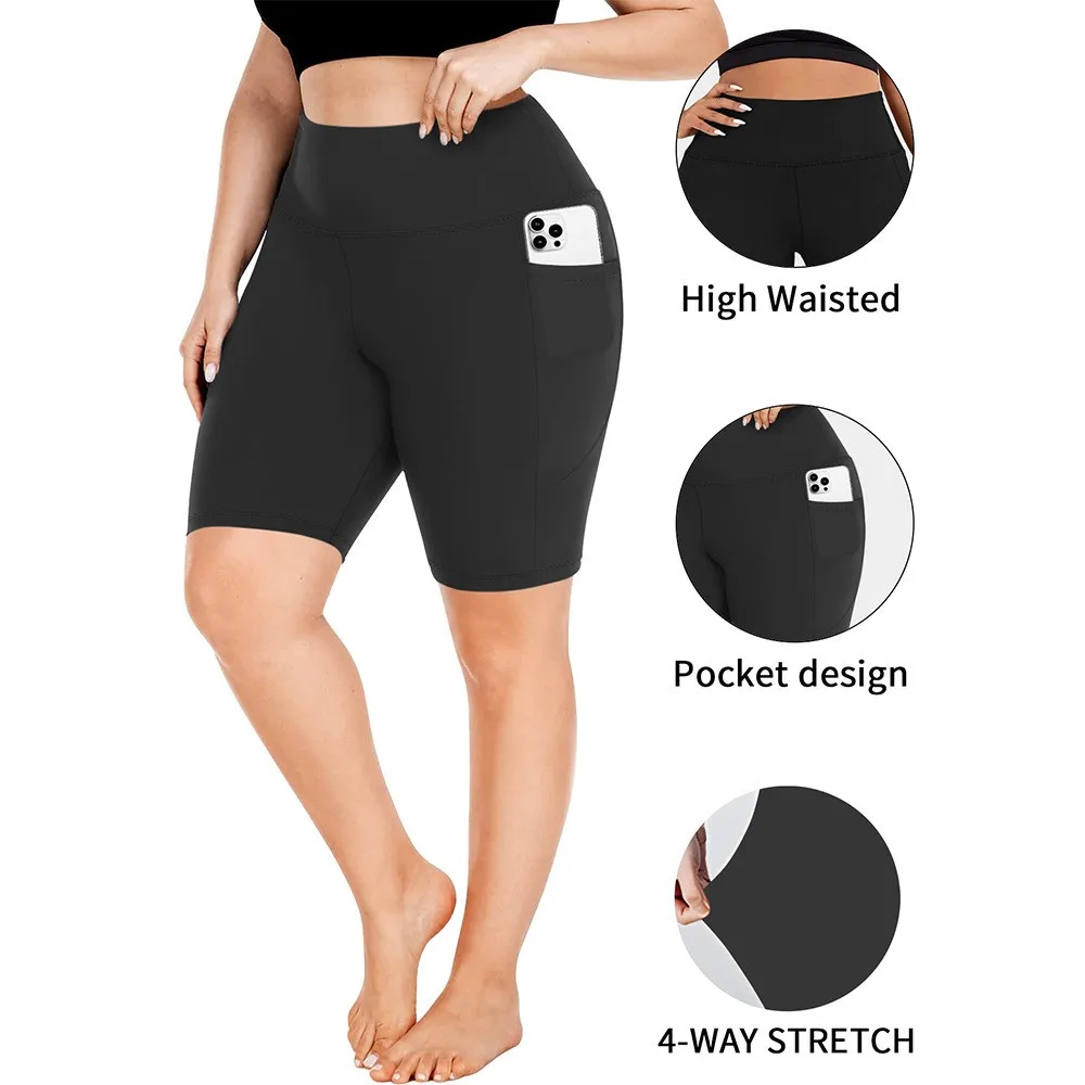 Summer Capri Pants High Waist Solid Black Slim Fit Capris Moon Shape Pocket 4-way Stretch Crop Pants Knee Length Seamless