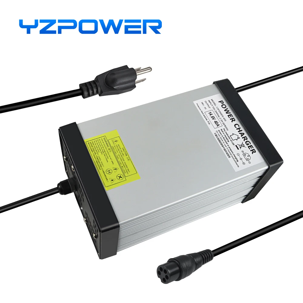 YZPOWER 14.6V 40A Lifepo4 Charger 4S 12V Charger Input 110-240Vac DC with Cooling Fan Intelligent Fast Charging