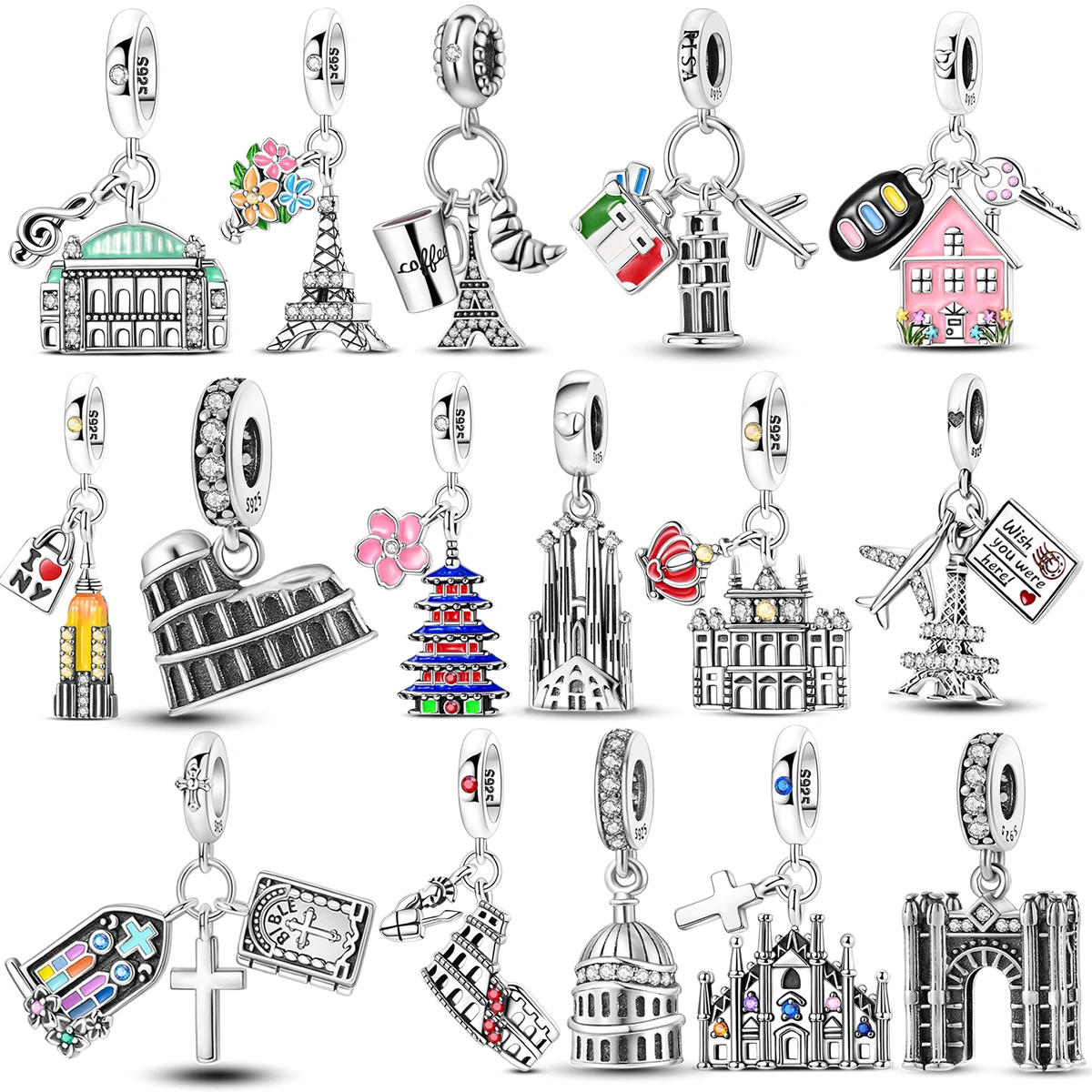 Silver Famous Buildings Charms Beads Fit Original Bracelet Bag Keychain Earring Charm Bead Pendant Diy Women Jewelry Gift