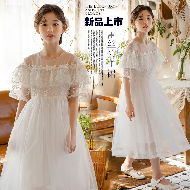 

2024 Summer Girls Solid Color Short Sleeves Princess Dress Korean Version Style Fashion Embroidery Teenagers Lace Mesh Dress