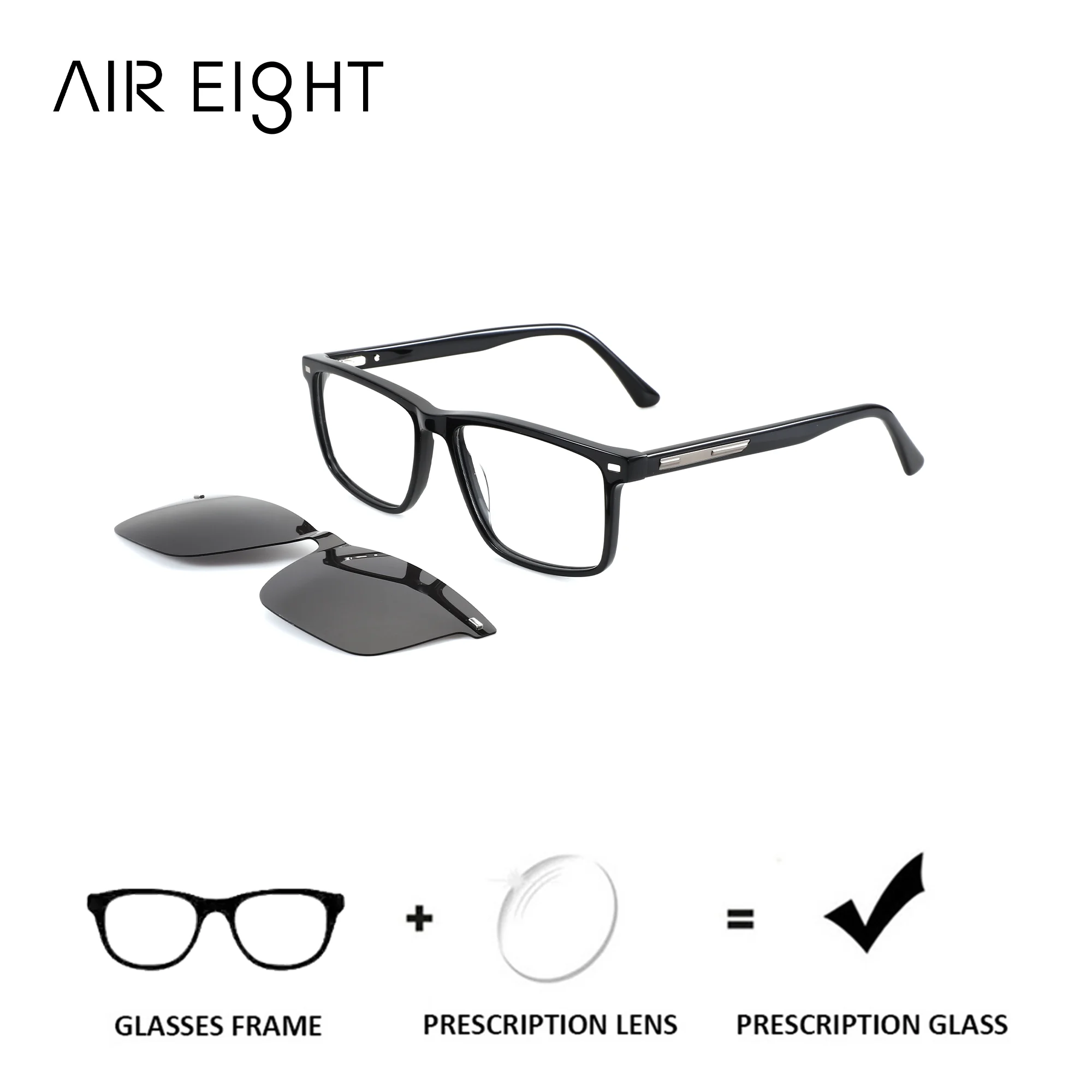AIREIGHT L Size Acetate Rectangle Clip On Prescription Glasses For Men Blue Light Progressive Graduated Lenses Myopia Eyewear