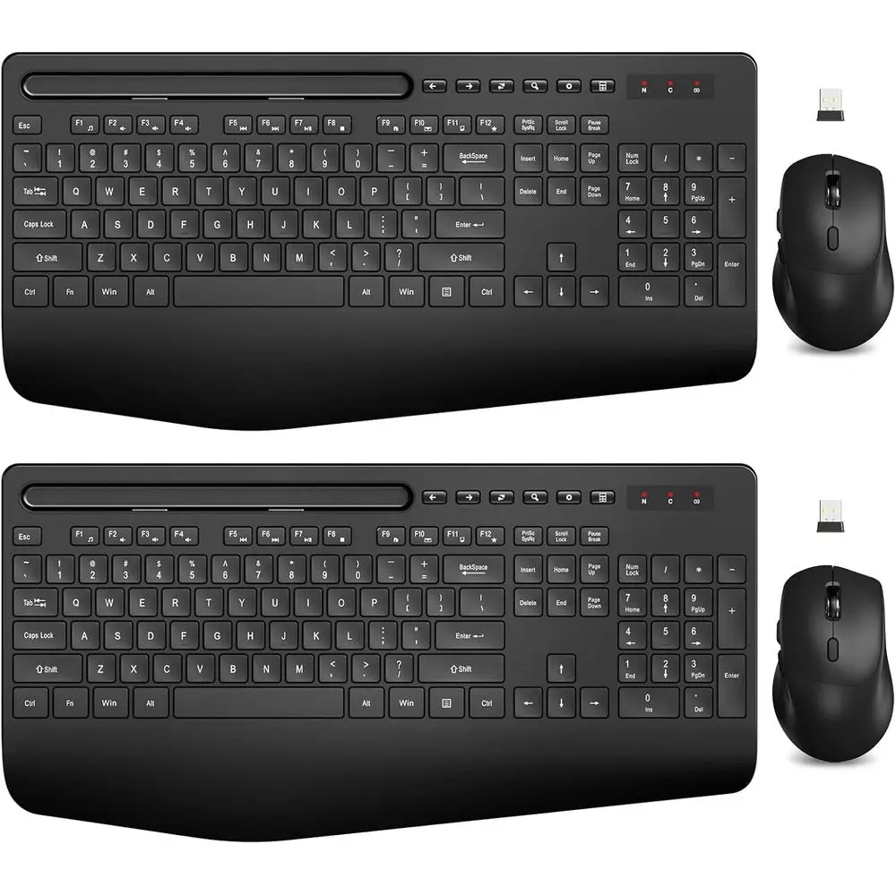Wireless Ergonomic Keyboard and Mouse Set with Wrist Rest and Phone Holder, Silent Keys for PC and Laptop, 2 Pack