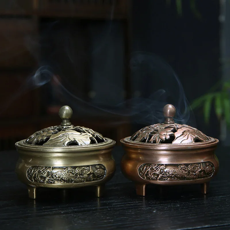 Vintage Brass Lotus Incense Burner, Buddhism Buddha Holder, Hollow Out Copper, Three Legged Sandalwood Censer, Home Decoration