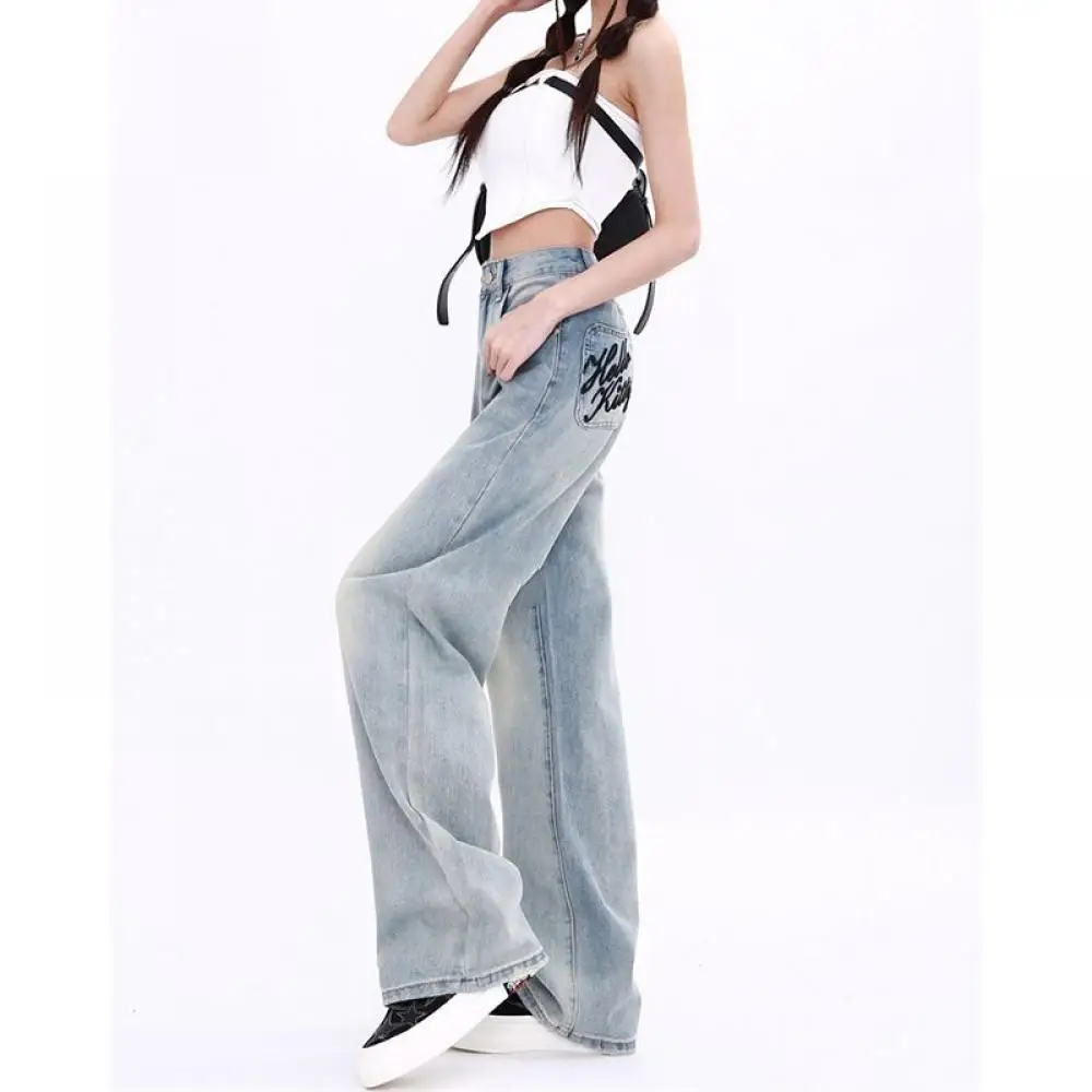 Hello Kitty Y2K Jeans Sanrioed Anime Kawaii primavera pantalones de cintura alta mujeres estilo japonés bordado aspecto fino estudiante suelto