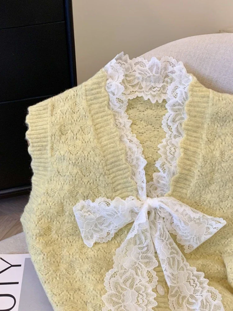 

Жилет-свитер для женщин, зимняя одежда, жилет без рукавов с v-образным вырезом, вязаные топы, лоскутное кружево, модные милые винтажные майки, топы