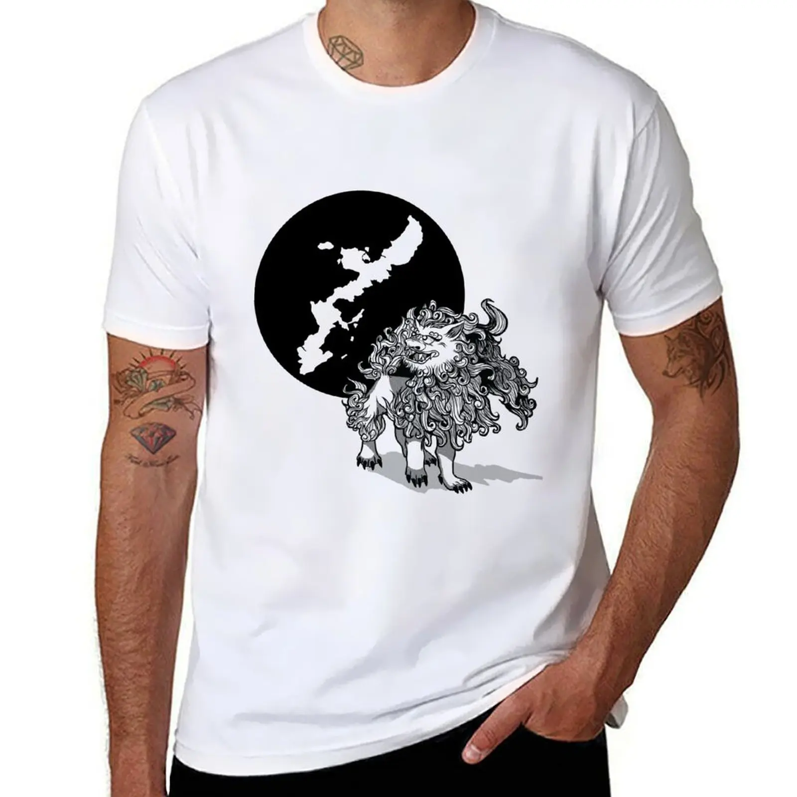 

Okinawa Shi Shi Dog with Island T-Shirt cotton t shirts man 100% t shirts for man graphic vintage T-Shirt
