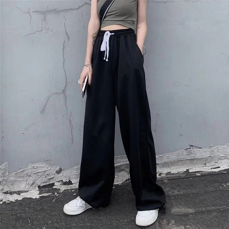 Y2K بنطال بساق واسعة للنساء ، ملابس الشارع الكورية ، فضفاضة تناسب كل شيء ، بي في دي هيب هوب ، بنطال رياضي ، موضة الصيف ، هاراجاكي غير رسمي ، بنطال أبيض