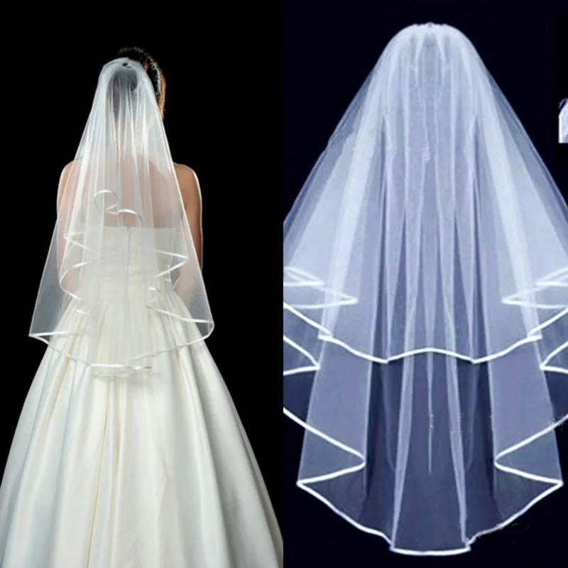 Voile court en tulle ivoire blanc pour femme, bord ruban, patients avec peigne pour mariées, olympiques de fête, voile de mariage, 2 niveaux