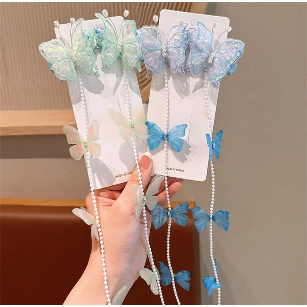 Sweet Mesh Pearl Braided Hairpin Colorful Headwear Braided Hair Chain Tassel Girls Barrettes