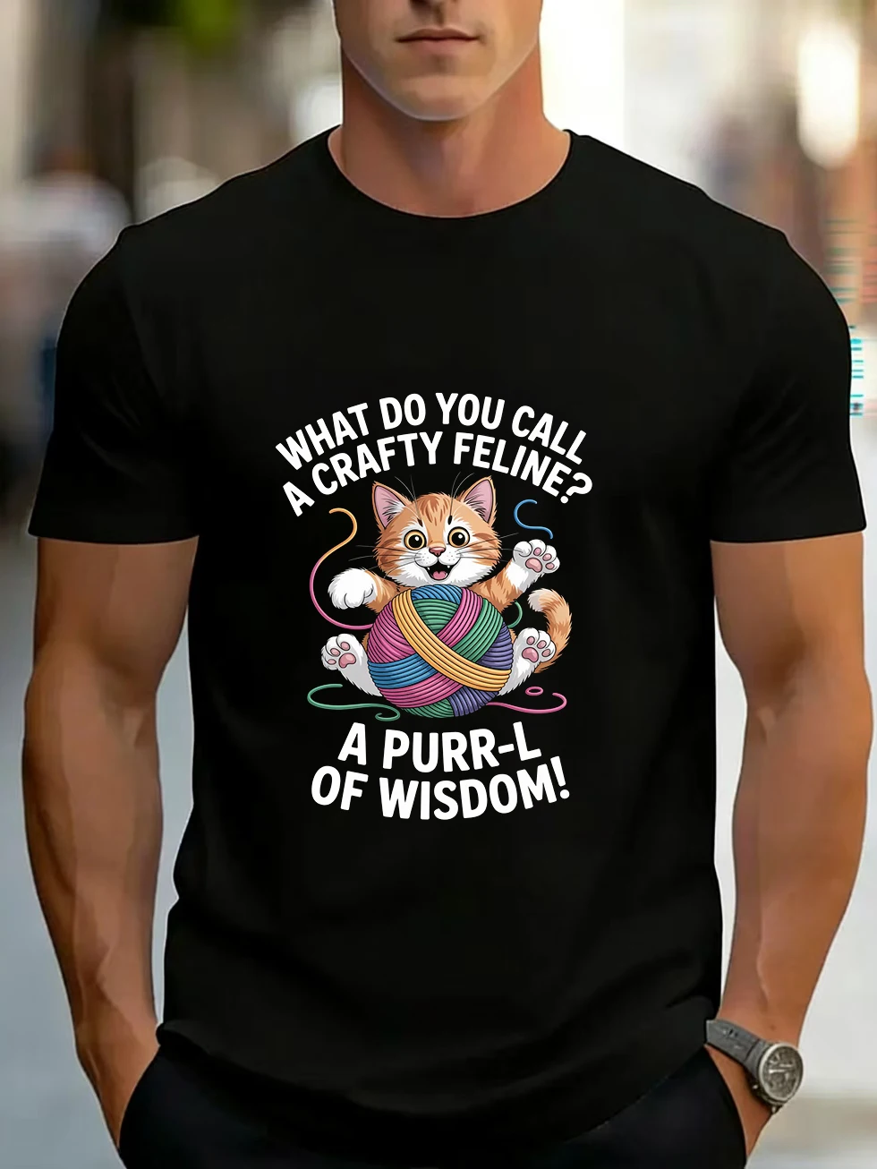 Men's Short-Sleeved T-Shirt, Cute Cartoon Cat, Colorful Yarn Balls, Same Style for Men and Women, Pure Cotton