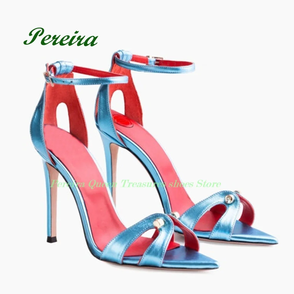 

Blue Buckle Stiletto Heels Sandals Pointy Toe Metal Decor Side Air Women's Sandals 2023 Summer Solid Big Size 45 Elegant Sexy