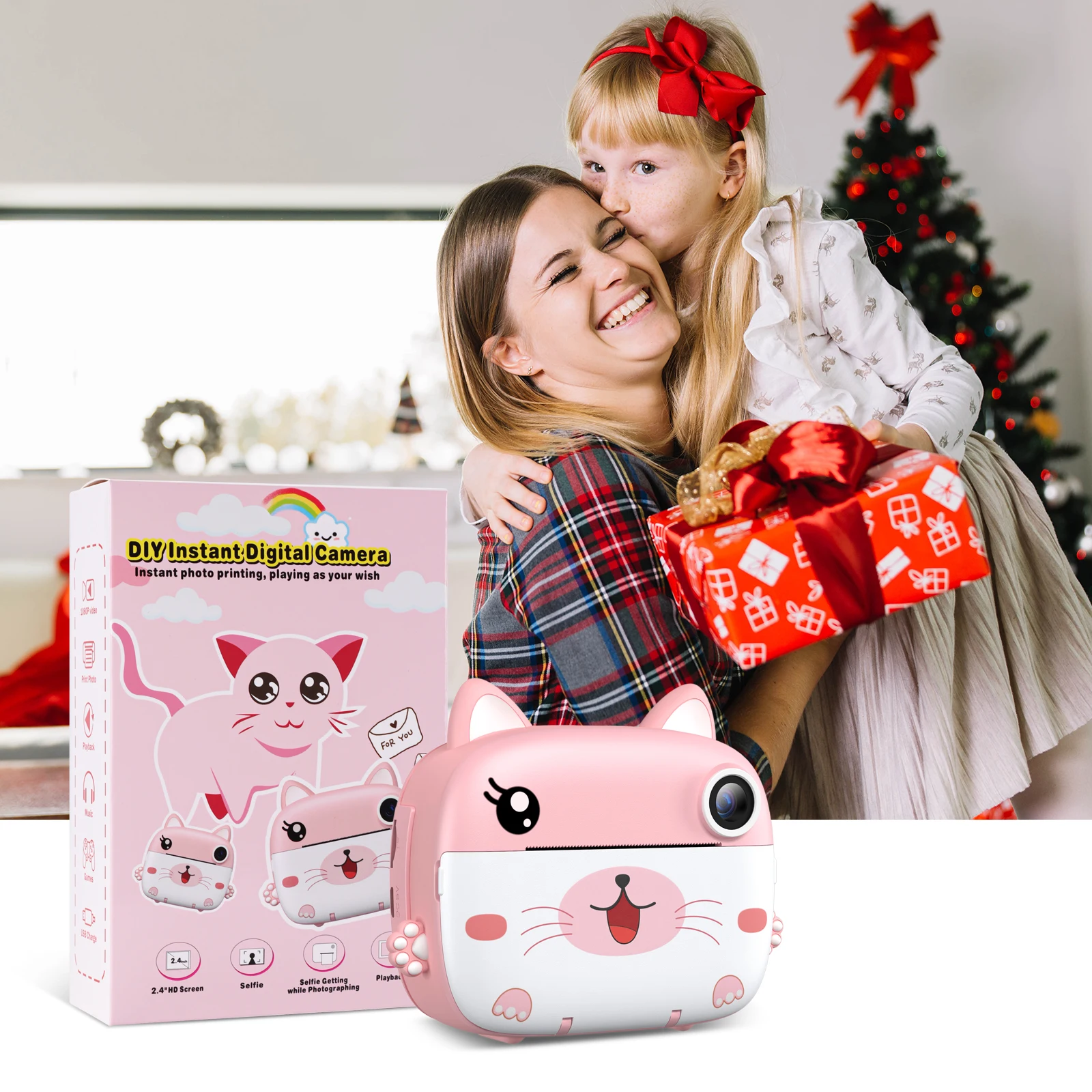 Gofunly kamera Digital cetak instan anak-anak, kamera Digital kartun kucing 1080P HD mainan kamera portabel dengan hadiah kartu 32GB untuk anak laki-laki dan perempuan