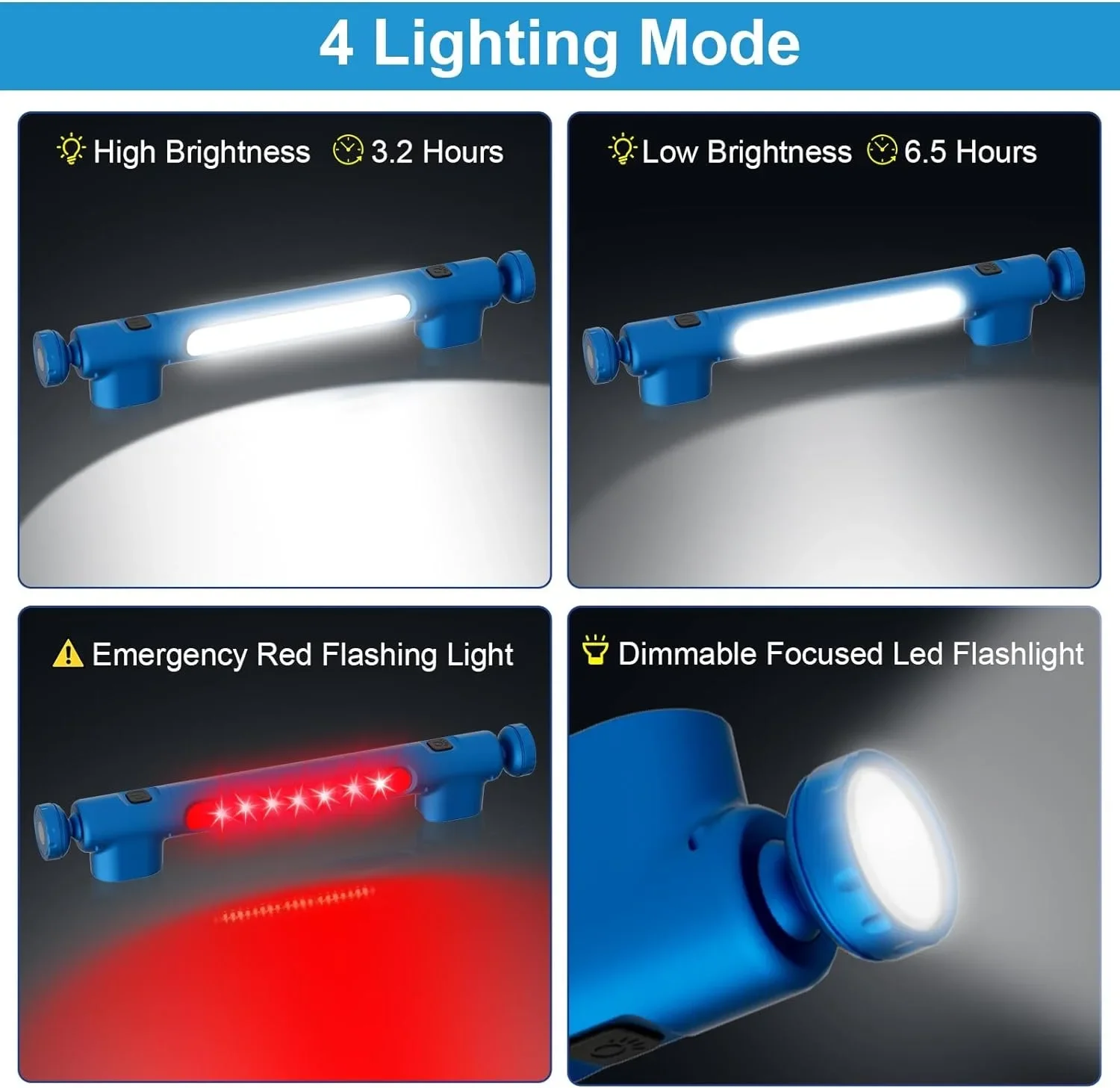 6000mAh Work Light 2500Lumen LED Flashlight Magnetic USB Rechargeable Lamp with Hooks for Camiping Car Repair Inspection Outdoor