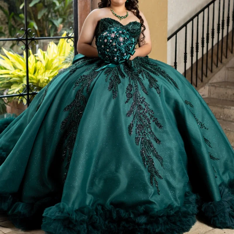 

Dark Green Quinceanera Dresses Off the Shoulder Glitter Decal Layering Long tail Bow Vestido De 15 Quinceanera Customize
