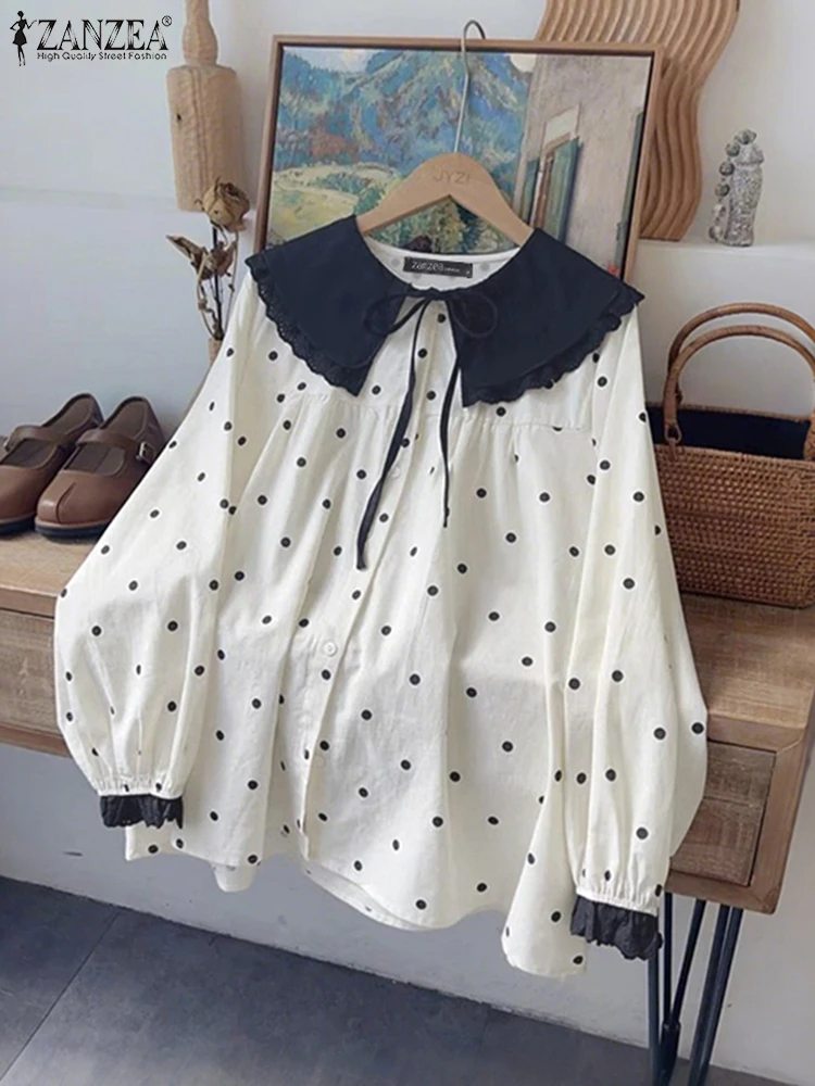 ZANZEA Moda Polka Dots Camicie Donna Colletto alla Peter Pan Bottoni Coreano Dolce Camicetta Elegante Office Lady Manica lunga Top Casual