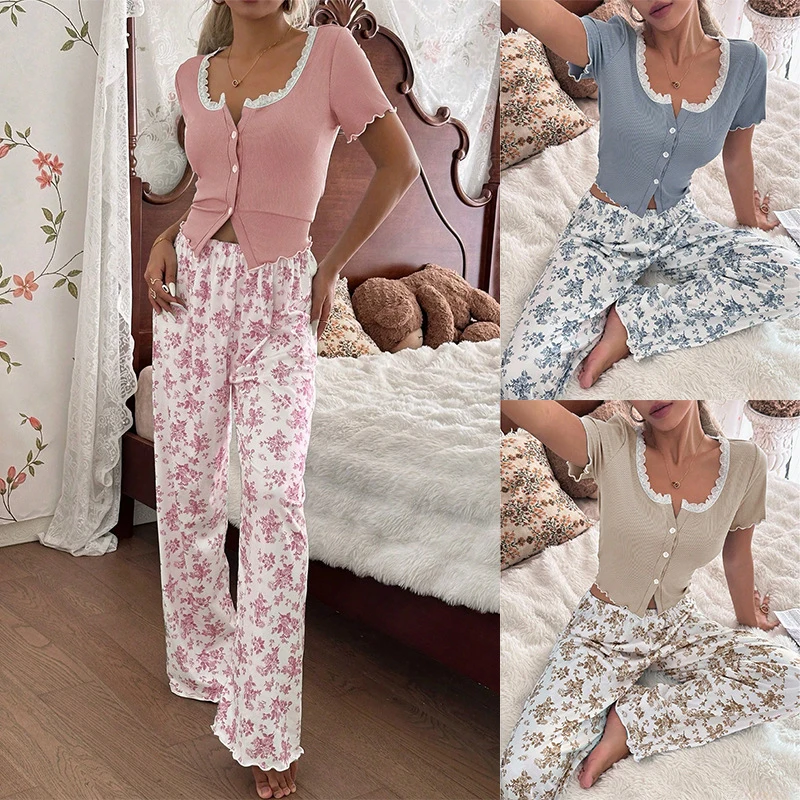 

European and American style home wear lace trim cardigan short-sleeve long pants women's pajama set suitable for outdoor wear
