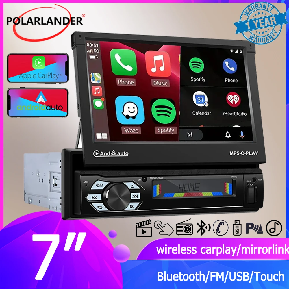 

Car Stereo Electric Telescopic Screen 1 Din 7" Bluetooth MP5 Player Android Auto FM Mirror Link Wireless Carplay USB/TF Card