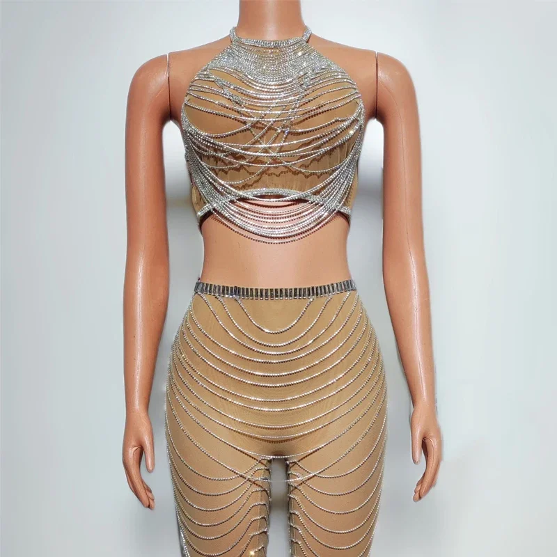 Diamentowe Przezroczyste Frędzle Łańcuszki Stroje Damskie Kostiumy do Tańca na Rurze Gogo Bar Klub Nocny Dj Ds Scena Impreza